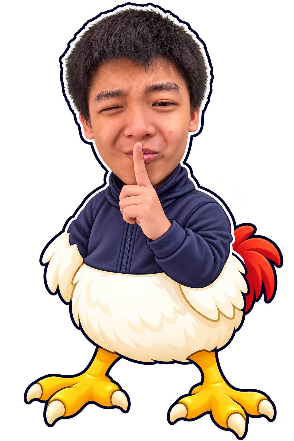 照片中的鸡哥化身：人类上身与鸡的下身
